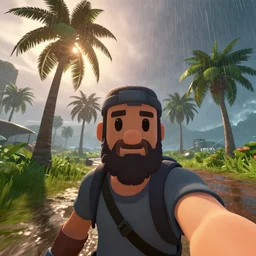 a sea of thieves selfie, sea of thieves screenshot, rain, palm trees, sun
