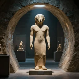 futuristic ancient astronaut arrived through a portal, ancient statue in museum