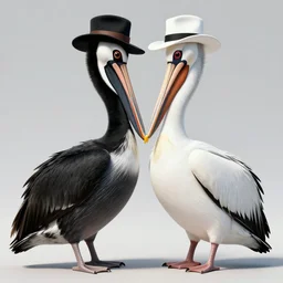 Two pelicans standing head to head, one in black, one in white suit, hats, Spy vs Spy, Spy vs Spy, high-detail stock photo