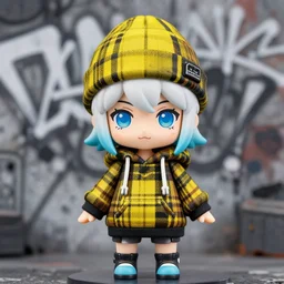 nendoroid of a sewer punk lady student, beanie, tartan hoodie, blue eyes, frosty white hair by atey ghailan, by greg rutkowski, by greg tocchini, by james gilleard, by joe fenton, by kaethe butcher, gradient, yellow, black, brown and cyan color scheme, grunge aesthetic!!! white graffiti tag wall background