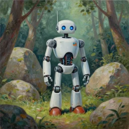 a painting depicting a robot in a forest clearing with giant rocks