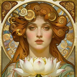 realistic detailed face portrait of a beautiful young goddess of the sacred lotus by Alphonse Mucha, Greg Hildebrandt, and Mark Brooks, gilded details, spirals, Neo-Gothic, gothic, Art Nouveau, ornate medieval religious icon