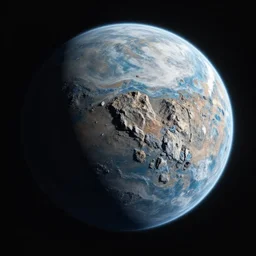 realistic photo of a rocky alien planet with water seen from far away with blue and yellow continents, unreal engine, blender.
