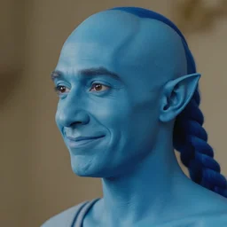 film still of a blue man looking sideways with [ [ blue ] ] [ skin ] and elegant smiling chiseled jaw, blue skin, elf ears, a singular long blue braided ponytail flowing with the wind, blue hair is cropped on the sides of the ears, skin is blue, [ white ] [ background ], 8 k, 8 5 mm f 1. 8