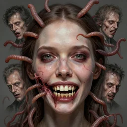 a portrait of маргарита симоньян, flesh eating worms, macabre, horror saw teeth, horror rotten teeth, by donato giancola and greg rutkowski and wayne barlow and zdzisław beksinski, realistic face, visible face, digital art, artstation, symmetry