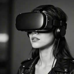 portrait of a cyberpunk girl wearing vr headset, black & white photo by annie leibovitz