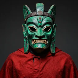 portrait of man, emerald tribal ritual mask of the god, red mantle, oil texture, detailed, dark, majestic, powerful, mtg artstyle, john howe, greg rutkowski