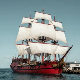 a award winning photo of a white sails three mast brigantine pirate ship with a crimson hull docked at a port at midday, nikon lens, dslr, color graded