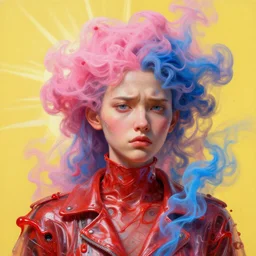3 d, pink and blue smoke, sun rays, frown fashion model, plastic, liquid red metal, poster art, high detail, intricate oil painting, multiple exposure, yellow mood, hyperrealism, 3 d, by tooth wu and wlop and beeple and greg rutkowski