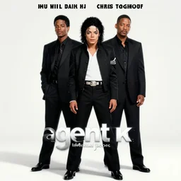 movie poster titled'agent m'a michael jackson men in black spin off movie with michael jackson wearing black suit with will smith and chris tucker, movie announcement, mcu, uhd, sharp, ultra realistic face, 4 k, cinematic, marvel, render, behind the scenes, leaked, set photo, detailed, modern, real life, sighting, photo real