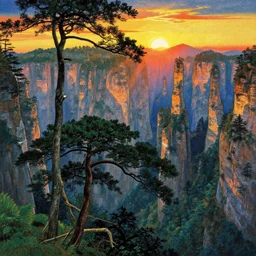 masterful very colorful ukiyo - e on xuan paper by thomas kinkade and bob ross, interpretation of a beautiful landscape photography of zhangjiajie mountains, an intricate tree in the foreground, sunset, dramatic lighting by anselm adams and albrecht durer, chiaroscuro, shadow and light,