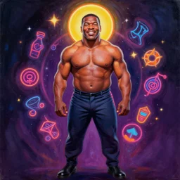 full body portrait of mike tyson by mandy jurgens, cartoon, oil painting, visionary art, magic symbols, holy halo, neon ambient lighting, high detail, dark vibrant colors