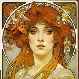 realistic detailed face portrait of Katie Mcgrath by Alphonse Mucha, Ayami Kojima, Amano, Charlie Bowater, Karol Bak, Greg Hildebrandt, Jean Delville, and Mark Brooks, Art Nouveau, Neo-Gothic, gothic, rich deep colors