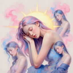 3 d, pink and blue smoke, sun rays, sleepy fashion model, poster art, high detail, intricate oil painting, multiple exposure, black mood, glare, hyperrealism, 3 d, vogue cover style, by tooth wu and wlop and beeple and greg rutkowski