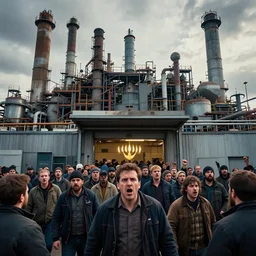 a crowd of angry workers outside the entrance of a large factory by tomer hanuka and beeple and chester don powell, dramatic composition, epic scale, deep colors, sharp focus, volumetric lighting, masterpiece, beautiful