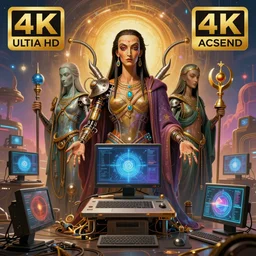 the computer gods ascend, in the style of salvador dali, hyperrealistic, photorealistic, scifi illustration, 4 k, ultra hd, rendered in unreal engine 5, vibrant color, beautiful color, highly detailed, evil, award winning, computers, technology, futuristic, mystical, mechanical
