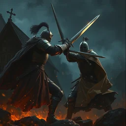 a painting of a cinematic keyframe of two medieval knights fighting with swords at midnight by greg rutkowski, dark fantasy art, high detail, trending on artstation