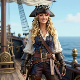 a fierce, smiling, beautiful, friendly, calm, blonde, well - dressed, steampunk, covered, armed, pirate captain, standing on the deck of her ship gazing at the horizon in 1 7 3 0, detailed 3 d render