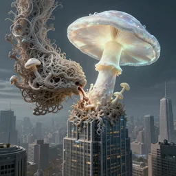 an analog organic theriomorphic holobiont eating a skyscraper, concept art, mycorrhiza, rhapsodizing, ecstatic mushroom, translucidluminescence, intricate, kim jung gi, james jean, shaun tan, analog detail, cinematic, epic wide shot, ultra detailed, sharp focus, smooth, physically rendering, photorealistic, 8 k