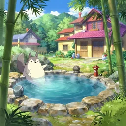 a natural hotspring in the courtyard of a colorful kitsune wizard college, anime movie background, key visual, bamboo, shishi - odoshi, a fantasy digital painting by makoto shinkai and james gurney, trending on artstation, highly detailed