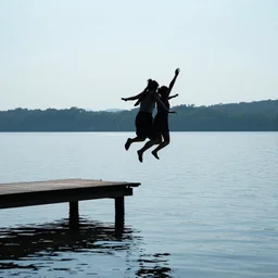 girls jumping off a dock into lake silhouette