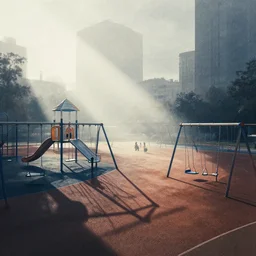 city view from a playground, editorial illustration by karolis strautniekas and mads berg, fog, busy, swings, blue white orange, fine texture, detailed, muted colors, film noir, dramatic lighting, dynamic composition, vivid, matte print, wide angle, ( ( sunbeams ) ), moody, extreme perspective, long contrasting shadows