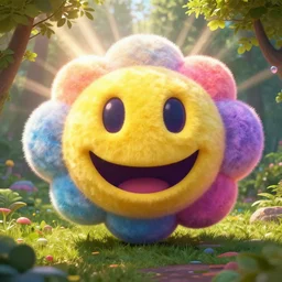 fantastical vibrant bulbous weird!!!!!!!!!!! smiley face emoji shaped cloud ball with holes for eyes and mouth, in a nature scene by marc adamus, high definition, rays of light breaking behind the smiley face, cheerful, rave art
