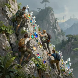 portraits of adventurers climbing a rocky mountain made of rainbow gemstones and crystal and glass, refraction and reflection, iridescent, verdant and lush and overgrown, fantasy, horizon zero dawn 2, intricate, elegant, highly detailed, digital painting, artstation, concept art, matte, sharp focus, illustration, hearthstone, art by ruan jia and conrad roset and bouguereau,