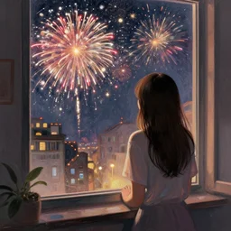a girl facing the window looking at fireworks, concept art, trending on artstation, wlop, ross draws, digital painting, mixed media, intricate details, volumetric lighting