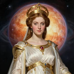 portrait of the powerful empress of the solar system in the style of john william waterhouse. glowing, ornate and intricate linework, sharp focus, depth of field, stunning, dynamic lighting, ultrafine and hyperdetailed.