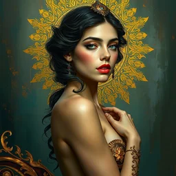 an intricate artistic pose painting of a beautiful young muse with an artistic sensual pose with klimt golden motives and textures, hyper detailed, ornamental gold headpiece, octane render, vivid colors, artstation, by jeremy mann, by alphonse mucha, by boris vallejo