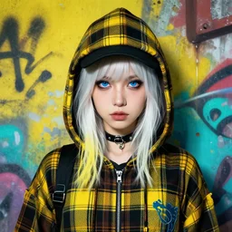 highly detailed portrait of a sewer punk lady student, blue eyes, tartan hoody, hat, white hair by atey ghailan, by greg tocchini, by jesper ejsing, gradient yellow, black, brown and cyan color scheme, grunge aesthetic!!! ( ( graffiti tag wall ) )