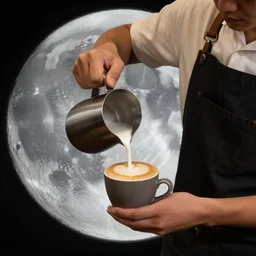 a barista pours a cappuccino on the moon