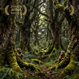 a mossy wood with trolls and elves, in the style of John Bauer,