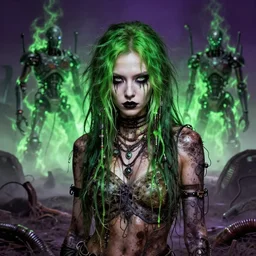 highly detailed portrait of an moody wasteland punk long dripping green poison hair tribal lady, stray wiring by atey ghailan, james gilleard, by joe fenton, by greg rutkowski, by greg tocchini, by kaethe butcher, 4 k resolution, gradient purple, brown black and white color scheme!!! ( ( green flaming robotic sewer background ) )
