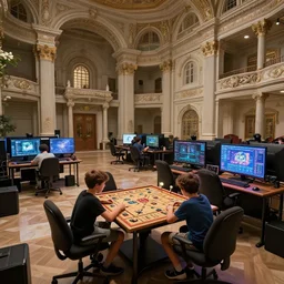 1 6 0 0 s, baroque, two boys playing game at a spacious gaming room with their hi - tech gaming setup, intricate, highly detailed, spacious, indoor, architecture, art by filip hodas and artgerm