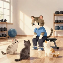 watercolor illustration style, cute cat coach training other cats in the fitness studio