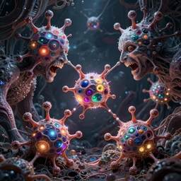 quantum connections represented as symbiotic organisms like cells playing around with colorful lights by ernst haeckel, hostile environment, greedy