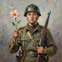 an impasto oil painting of a soldier holding a flower instead of a gun painted by caspar david friedrich, high detail