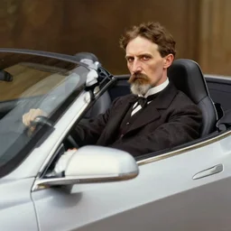 close - up picture of nikola tesla driving a convertible tesla car, photorealistic, ultra realistic, highly detailed, sharp focus, painting by caravaggio