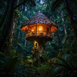 highly detailed realistic photo of glowing tall hut in the middle of dark jungle at night, vibrant colors, award winning masterpiece photography, hyper realistic, concept art, 8 k detail post - processing