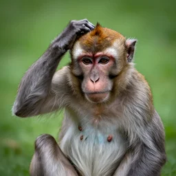 Photograph of a confused Monkey scratching its head. Green background, realistic image, 4k