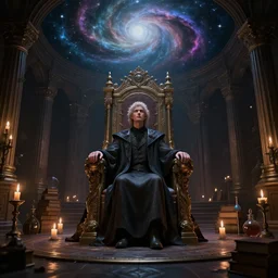 dream of the endless from neil gaimans sandman, standing on the floor in his throne room, the ceiling looks like nebula, candles, books, potions octane render, 3D, 8K, gloomy lighting