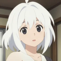anime film still portrait of a young girl with white hair in her room interior, cute face by ilya kuvshinov yoshinari yoh makoto shinkai katsura masakazu kyoani, dynamic perspective pose detailed facial features rounded eyes, crisp and sharp cel shade ambient light kyoto animation