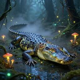 alligator covered in glowing mushrooms in swamp fog, mist, fireflies, vines, bioluminescent, rain by dali, glow, trending on artstation, vibrant, intricate detail, dramatic lighting, octane render, weta digital, micro details, 3 d structure, ray trace