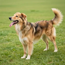 a long long long dog with too many legs to be enumereated, he is wagging his tail and has the tongue out