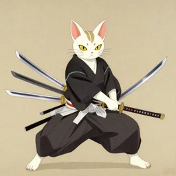 Japanese painting of a Nekomata wielding multiple Katana.