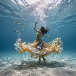 a woman in the far distance is dancing and whirling underwater on the sandy sea bottom while wearing a dress made of many very long layers of thin sheer gold and silver fabrics flowing in the fast current, swirling schools of silver fish, bubbles, swirling smoke shapes, octane render, bright caustics lighting from above, cinematic