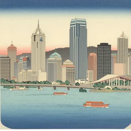 city of pittsburgh in the style of hiroshi yoshida, hiroshi yoshida, shin - hanga
