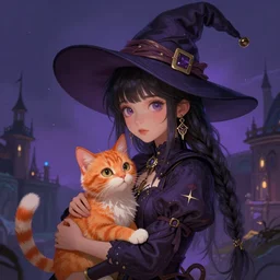 elaborately ultradetailed portrait of a cute witch with an orange cat, dreamscape maximized, dramatic lighting, fantasy digital art painting, trending on deviantart, Aetherpunk,